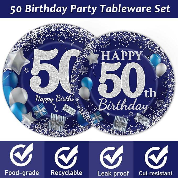 96 Pcs 50th Birthday Party Supplies - Navy Blue & Silver Plates, Napkins, Forks & Table Decorations for 24 Guests