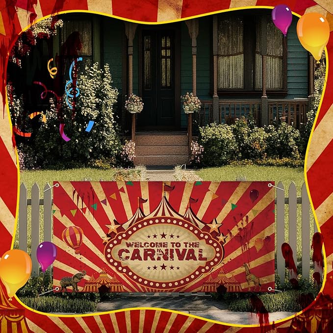 Halloween Welcome to The Carnival Banner Carnival Outdoor Decorations Circus Party Supplies Background for Vintage Circus Theme Party Decorations Birthday, 71 x 35 Inch