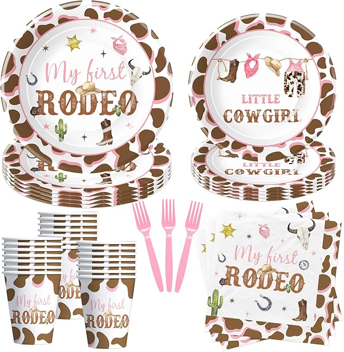 Western Cowgirl 1st Birthday Decorations Tableware, Wild West My First Rodeo Birthday Party Supplies Girl, Paper Plate, Cup, Napkin, Disposable Fork, Serves 24