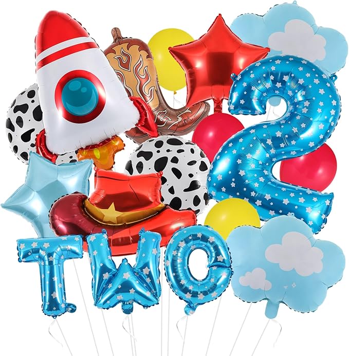 17Pcs Toy Themed Party Decorations Cartoon 2nd Birthday Decorations Blue Sky Clouds Cowboy Hat Boots Rocket Balloons Two Infinity and Beyond Toy Inspired Birthday Party Supplies