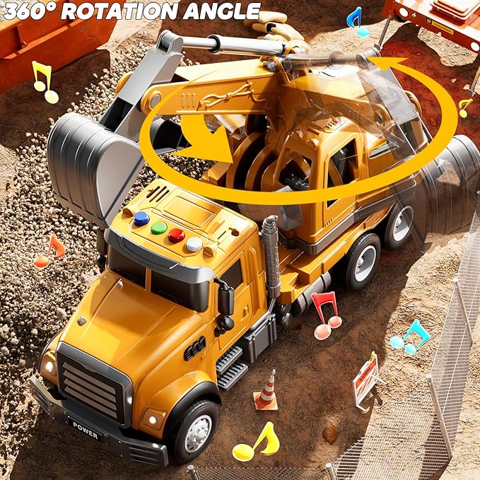 Excavator Toys for Boys Aged 3-5 4-6, Play Excavator with Light and Sound, Toy Truck Construction Vehicles Cars for Kids 2-4 4-7 Years Old, Birthday Gift for Girls Toddlers 1-3