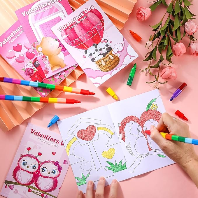 BenLouis 12 Valentines Day Mini Coloring Books Kids with 12 Stacking Crayons Valentine's Day Party Favors Small Activity Books Bulk for Kids Valentine's Classroom Party Gift Goodie Bag Stuffers