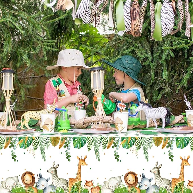 Jungle Safari Tablecloths,3Pcs Wild Animal Table Cover for Safari Baby Shower Decorations,Boys and Girl Birthday Party Sage Green Theme Party Supplies