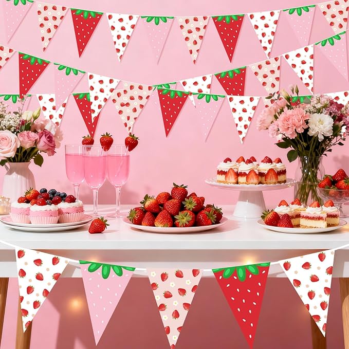 Jetec 5 Pcs 49 Ft Strawberry Decorations Strawberry Pennant Banner Pre-Assembled Berry Sweet Triangle Flag Bunting Garland for Berry First Birthday Party Baby Shower Theme Decor Supplies