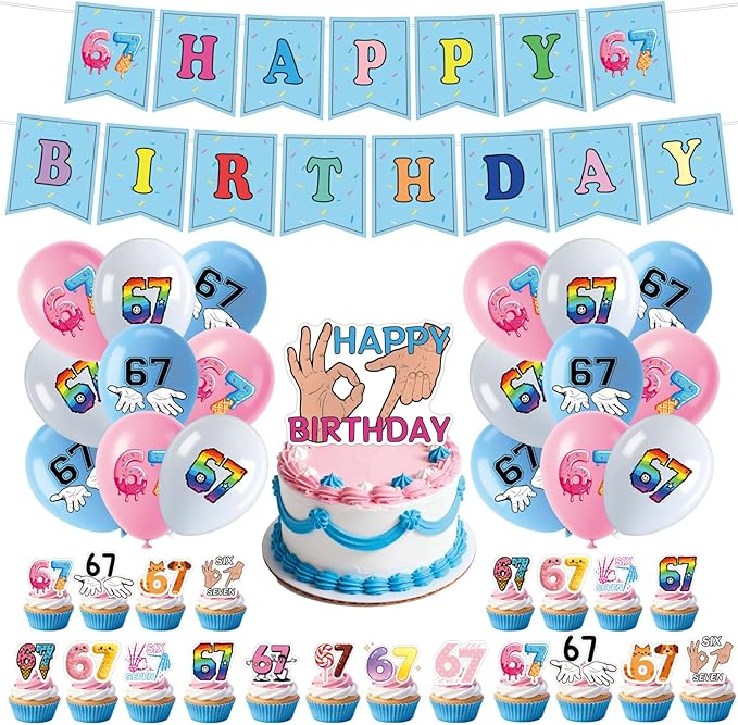 6 7 Birthday Decorations, 6 7 Meme Six Seven Themed party supplies Include Happy Birthday Banner, Balloons, Cake Toppers and Cupcake Toppers for Boy Girl Party Decor