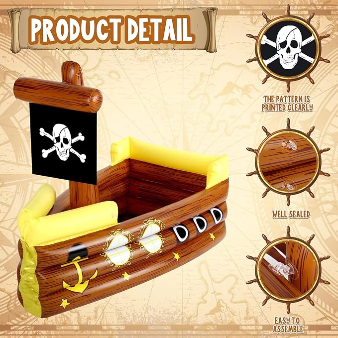 Zhanmai Inflatable Pirate Ship Drink Cooler Inflatable Serving Bar Food Container for Summer Carniva Mardi Gras Pirate Birthday Party Favor Supplies Decorations(Yellow,Funny)