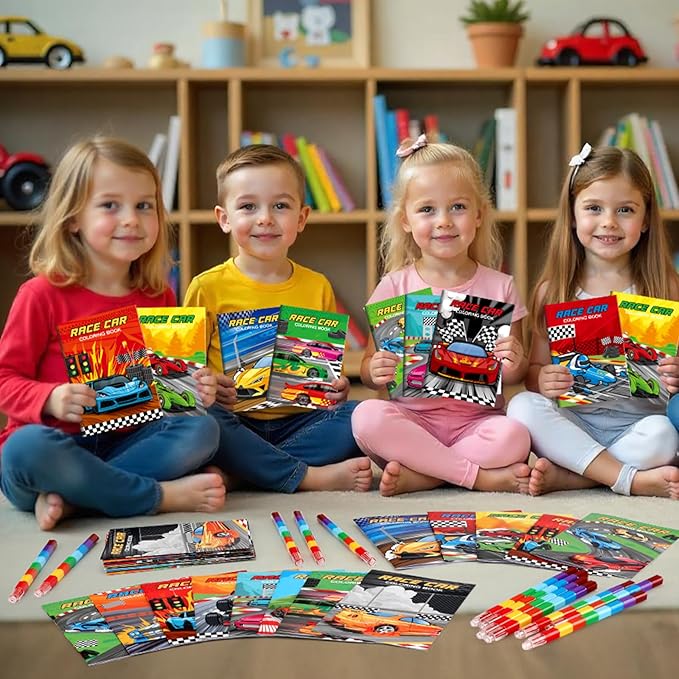BenLouis 24 Pcs Race Car Mini Coloring Books Kids Racing Theme Party Favors Small Activity Books Bulk for Kids Fast Racecar Wheel Birthday Goodie Bags Stuffers Return Gifts Classroom Travel