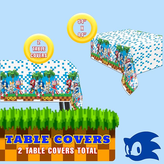 Unique Sonic The Hedgehog Party Table Covers 2-Pack Plastic Tablecloths 54” x 84” with Celebrate with Me Sticker | Sonic Birthday Party Supplies for Kids