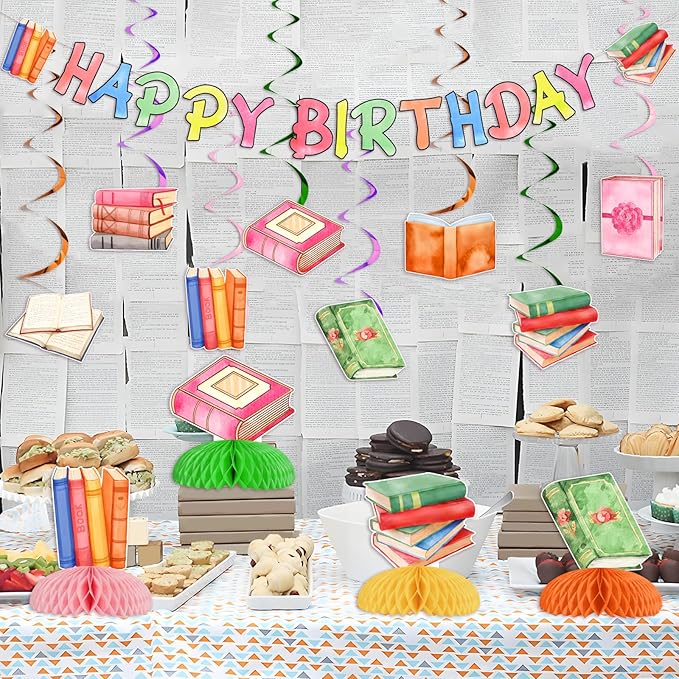 Book Birthday Party Decorations Reading Birthday Honeycomb Centerpieces Reading Ceiling Streamers I Love Reading Happy Birthday Party Banner for Library Books Club Party Supplies