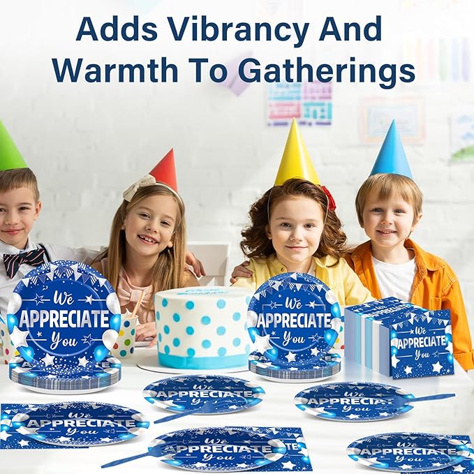 96pcs Blue Silver We Appreciate You Plates and Napkins Set for Thanksgiving Party Decorations Thank You Dinnerware Tableware for 24 Guests Employee Teacher Graduate Pastor Appreciation Party Supplies