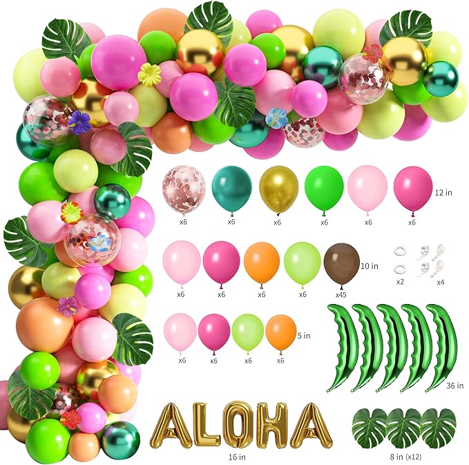 Hawaiian Luau Party Decoration Tropical Aloha Luau Balloons Arch Garland Kit Summer Beach Pool Party Supplies with Coconut Tree Shaped Balloon Set Table Skirt Cake Topper Palm Leaves and Hibiscus