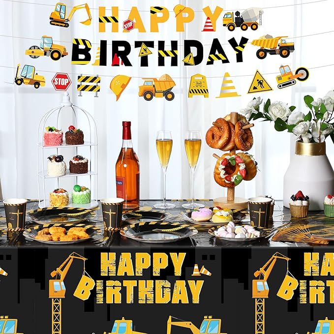 Tiamon 173 Pcs Construction Birthday Party Supplies Serves 24 Include Construction Tablecloth Dump Truck Banners Plates Napkins Tableware Set for 2nd Theme Birthday Party Decoration
