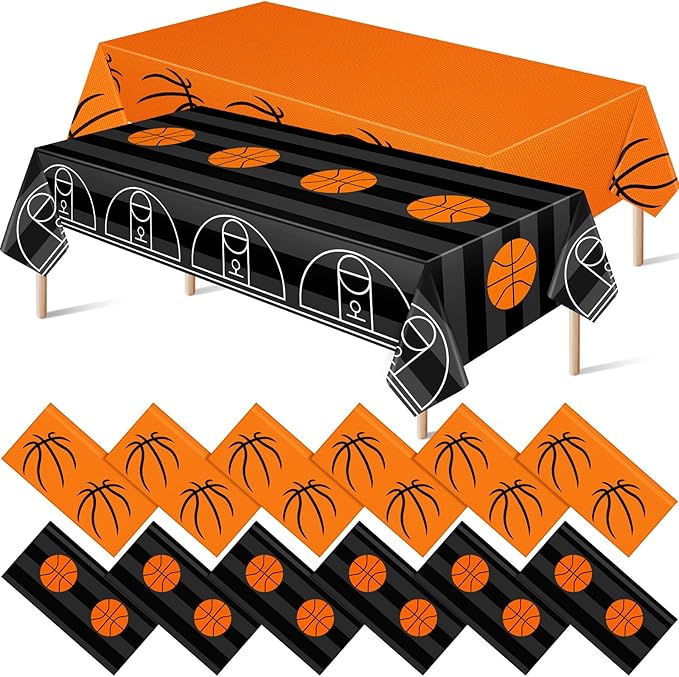Mixweer 12 Pcs Basketball Plastic Tablecloth Birthday Party Decorations 54 x 108 Inch Basketball Field Rectangular Plastic Table Cover for Sport Theme Fan Sports Event Game Day Birthday Party Supplies