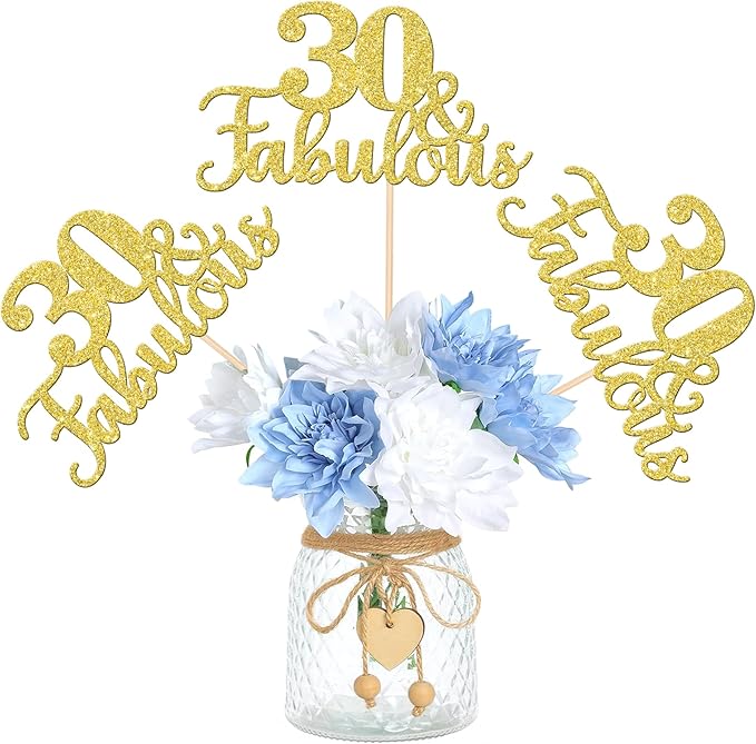 12 PCS 30 and Fabulous Centerpiece Sticks Double Sided Happy 30th Birthday Table Flower Centerpieces Sticks Cheers to 30 Floral Decorations for 30th Birthday Anniversary Party Supplies Gold