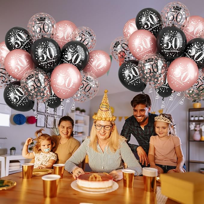 50th Birthday Decorations for Women, Pack of 15 Happy 50th Birthday Balloons Black Rose Gold Confetti Latex Helium Balloons for Her Age 50 Years Old 50th Birthday Party Decor Celebration Supplies