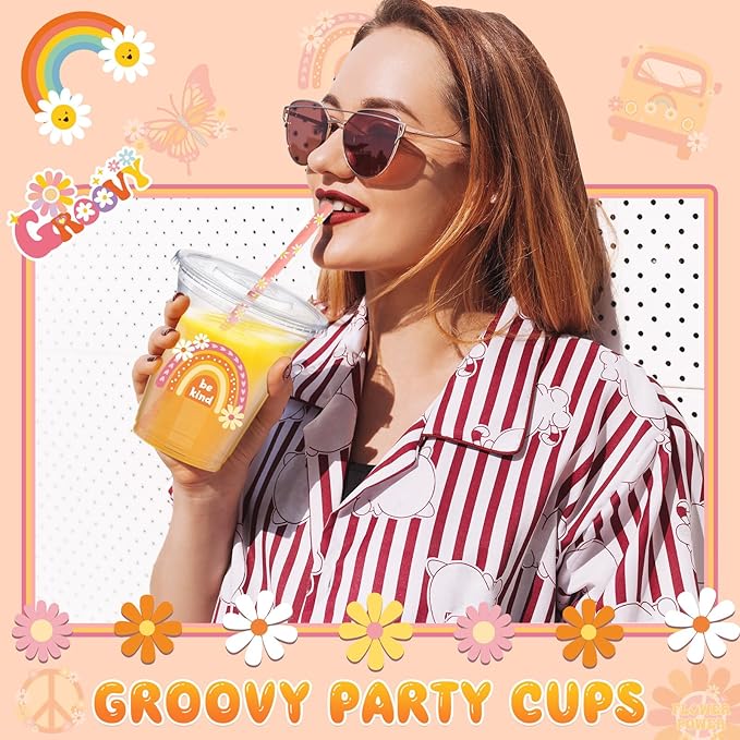 Boao 36 Sets Groovy Party Cups with Lids and Paper Straws 14 oz Retro Birthday Party Supplies Favors Decorations Hippie Boho Disposable Clear Plastic Cups Bulk Daisy Flower Favors