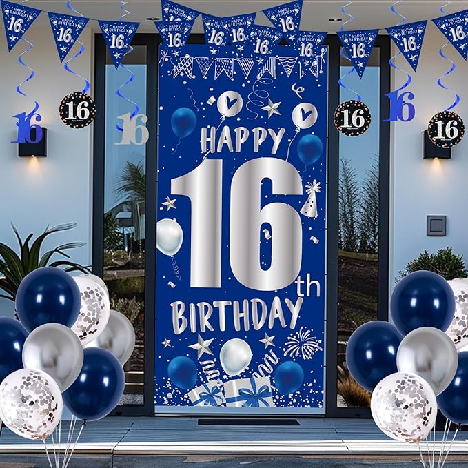 16th Birthday Decorations for Boys Girls, Blue Silver 16th Birthday Decorations Backdrop with Happy 16th Birthday Banner, Number 16 Hanging Swirls, Triangle Flag, 16 Years Old Party Decor Supplies