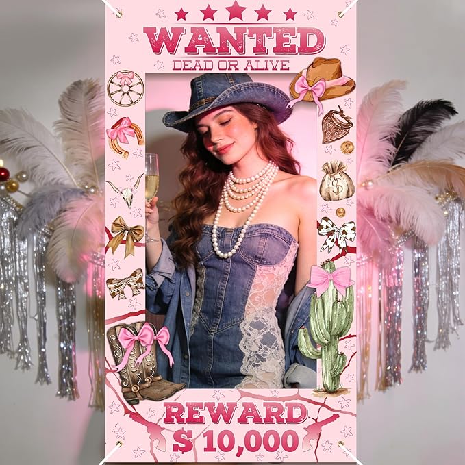 Pink Cowgirl Banner Backdrop - 72x39 Inch Cowgirl Photo Prop with Rope, Western Pink Bow Cowgirl Party Decor for Cowboy Themed Party Decorations, Baby Shower and Bachelorette Birthday Party Supplies