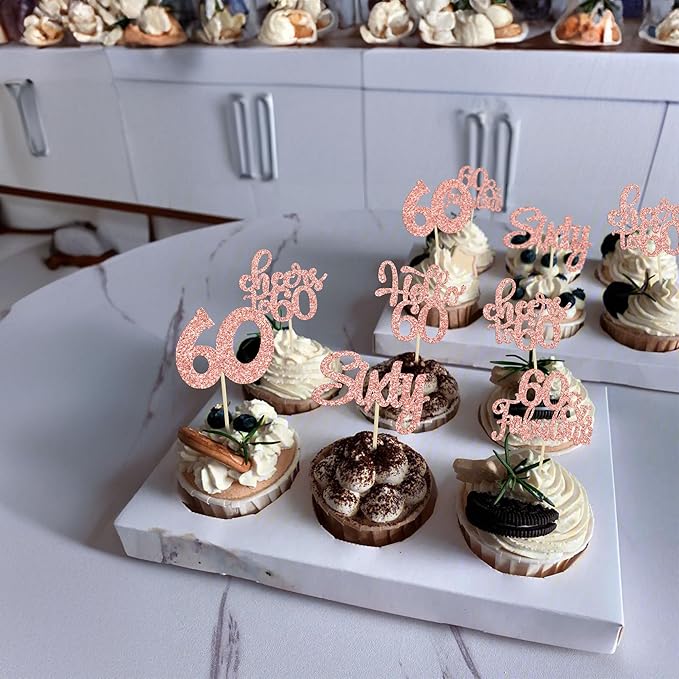 30Pcs Happy 60th Birthday Cupcake Toppers Rose Gold Glitter Sixty Cake Toppers Cheers to 60 Years Old Birthday Cupcake Picks for 60th Anniversary Party Cake Decorations Supplies