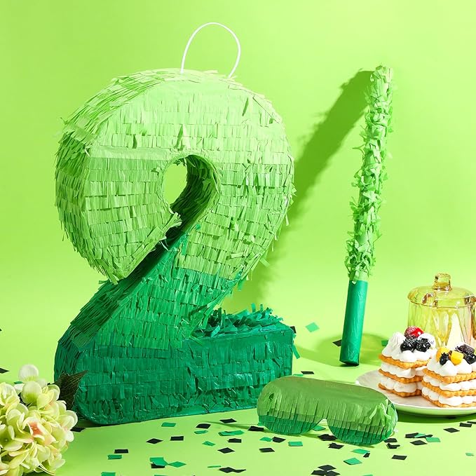 Number Piñata Decorations 16 Inch Gradient Green Piñata with Blindfold Stick and Confetti for Birthday Baby Shower Safari Jungle Themed Party Supplies Centerpiece(Number 2)