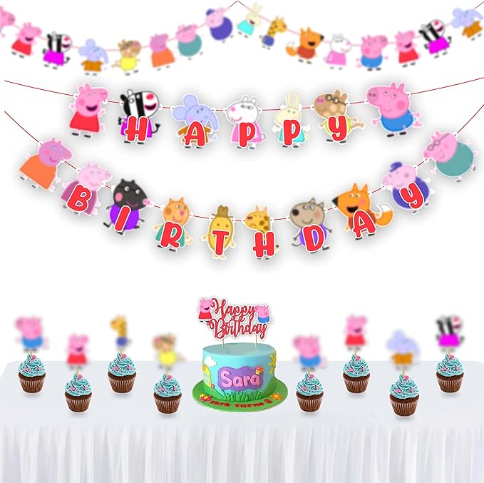 "Pepa Pig Theme Birthday Party Supplies – Cartoon Character Birthday Decorations – Happy Birthday Banner, Cake Topper, Cupcake Toppers & Party Décor for Boys and Girls Celebrations"