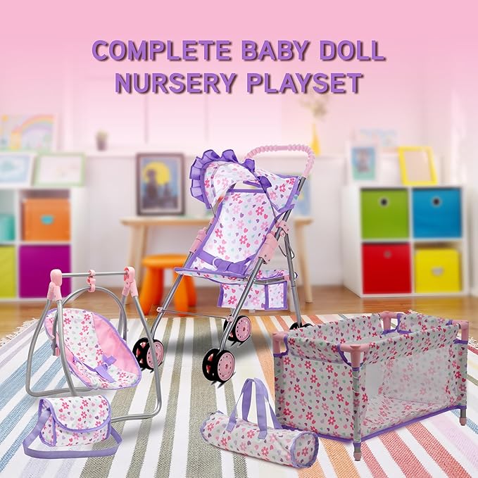 Baby Doll Stroller Bed and Swing Nursery Playset, Baby Doll Accessories Furniture Set Convertible High Chair Diaper Bag Role Play Deluxe Purple Doll Set