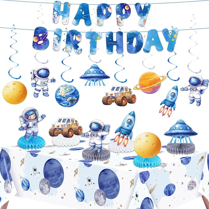 Outer Space Party Decorations, Space Solar System Theme Honeycomb Centerpieces Swirl Streamers Tablecover Birthday Banner for Birthday Party Decorations(Outer Space)