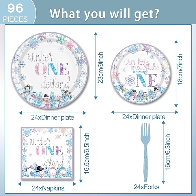 96PCS Winter Onederland Plates and Napkins Party Supplies Winter Onederland 1st Birthday Girl Boy Pink and Silver Snowflake Winter First Birthday Decorations Disposable Tableware Set Serve 24 Guests
