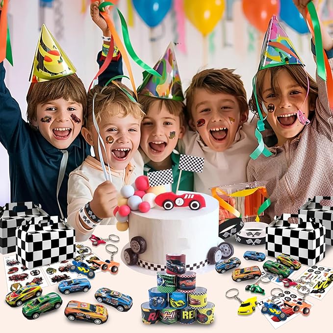 120 Pcs Race Car Party Favors Set with Keychains Slap Bracelets Tattoo Stickers Wristbands Treat Boxes Treat Bags Stuffers Race Car Party Supplies Race Car Party Decorations