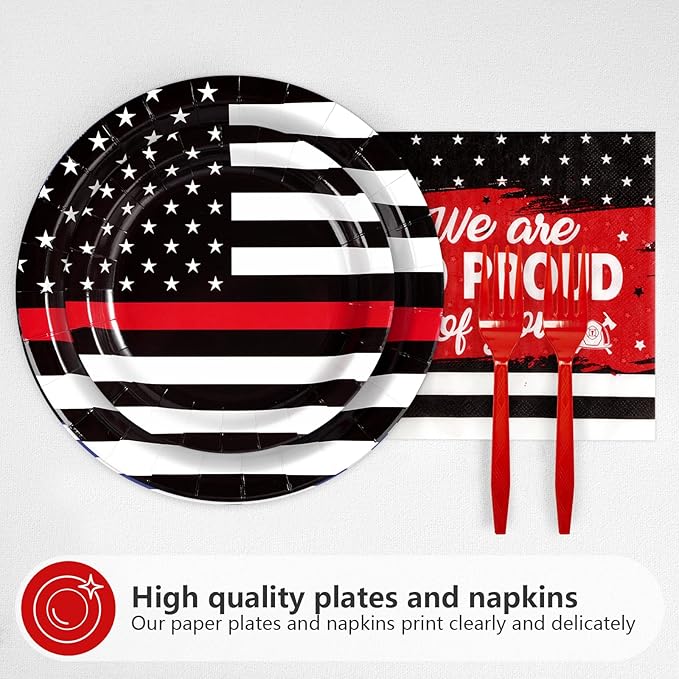 96 Pcs Firefighter Party Supplies Official Thin Red Line Flag Pattern Plates and Napkins Fire Truck Red and Black Graduation Plates for EMT Firefighter Retirement Graduation Birthday Party Decorations