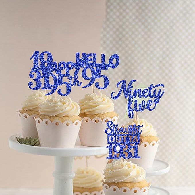 30 PCS 95th Birthday Cupcake Toppers Glitter Ninety Five Happy 95 Straight Outta 1931 Cupcake Picks for Cheers to 95 Fabulous 95th Birthday Anniversary Party Cake Decorations Supplier Blue