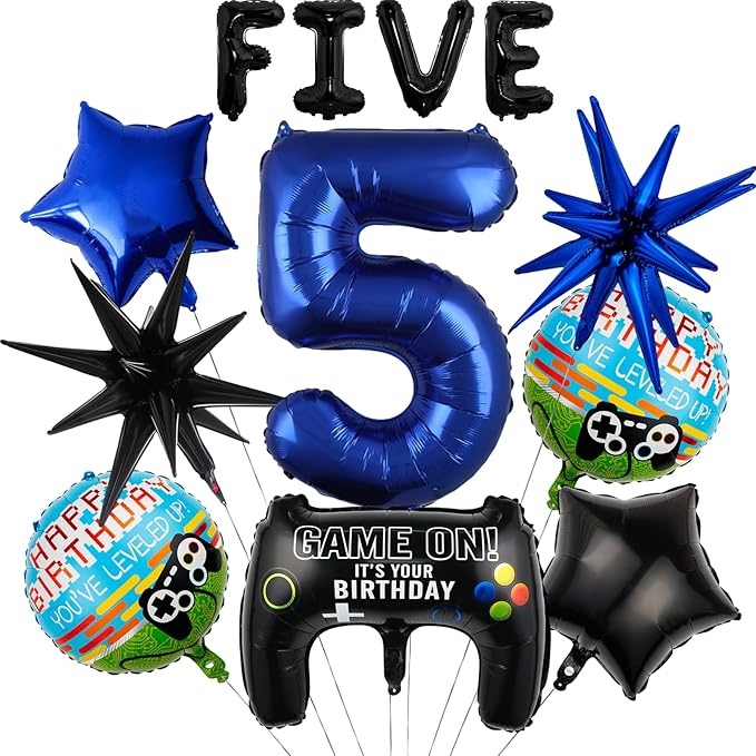 12pcs Video Game Themed Party Decorations, Number 5th Boys Birthday Party Supplies, Navy Blue Video Game Controller Mylar Foil Balloon, Video Game Party Decoration Supplies