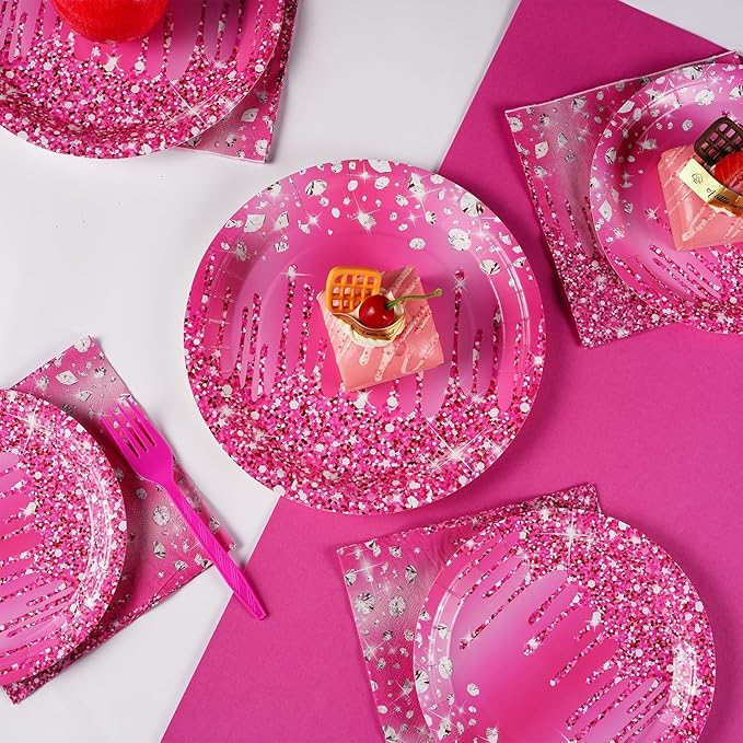 Grencian 96Pcs Hot Pink Silver Birthday Party Supplies Hot Pink Plates Disposable Disco Holographic Tableware Set for Girls Women Silver Glitter Wedding Bridal Shower Birthday Party Decor, Serves 24