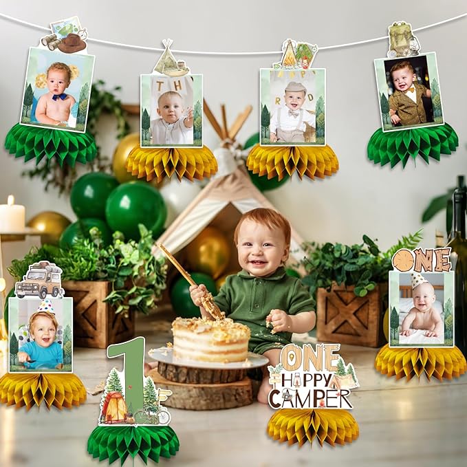 One Camper Birthday Decorations, 8pcs Camping 1st Birthday Photo Table Honeycomb Centerpiece for Camping Camper Campfire Theme One Year Old Birthday Party Supplise
