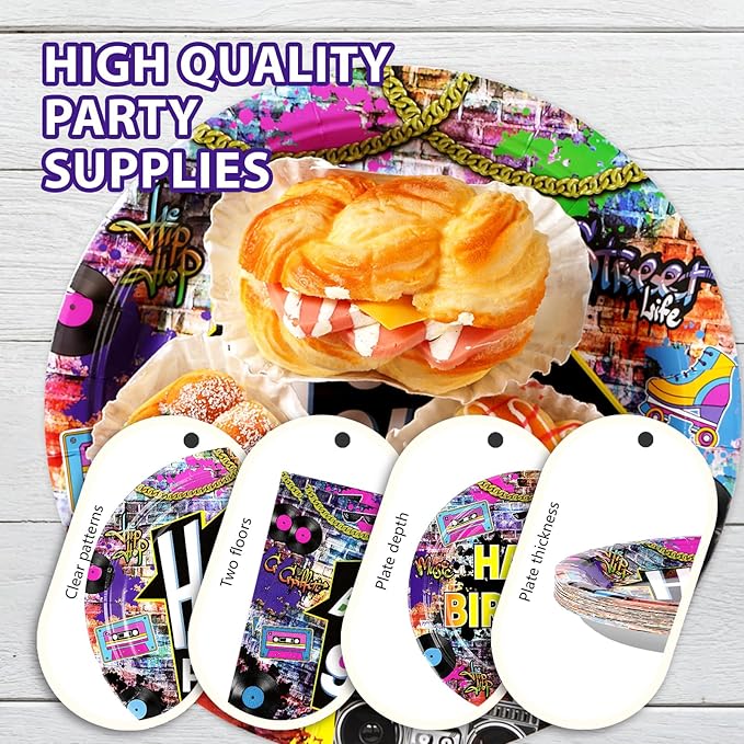 96 Pcs 90's House Party Supplies Disposable 90s Party Paper Plates and Napkins Retro Graffiti Wall Back To The 90' Tableware Set for Men Women 90s Birthday Hip Hop Party Decorations Serves 24