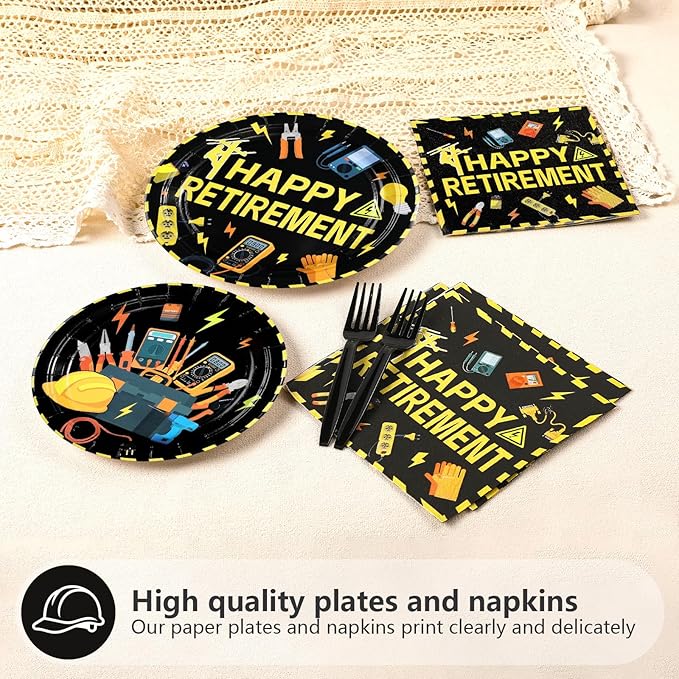 96Pcs Electrician Retirement Party Decorations Power Electrician Retired Lineman Plates and Napkins Tableware Set Wire Gloves Bulb Switch Theme Decor for Boys Man Farewell Party Supplies Serves 24