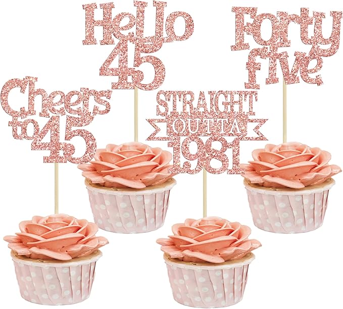 Ephlyn 24Pcs 45th Birthday Cupcake Toppers Glitter Straight Outta 1981 Cupcake Picks Hello 45 Cheers to 45 Years Cake Decorations for 45th Birthday Anniversary Party Decorations Supplies Rose Gold