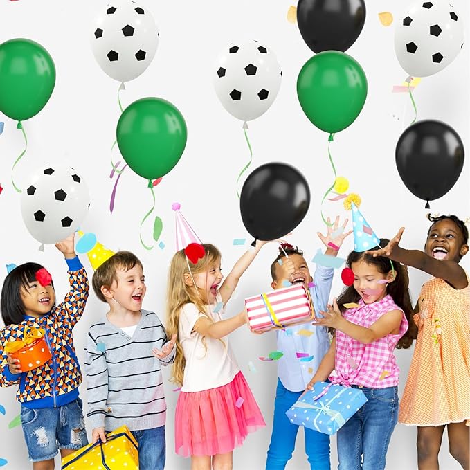 Football Balloons, 12 Inch Green Black White Latex Soccer Printed Balloons With Ribbons for Boys Football Party Sports Anniversary Baby Shower Decorations