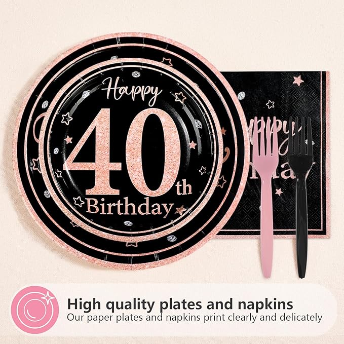 96Pcs 40th Black and Pink Birthday Party Supplies 40 Is Fine When You Look 29 Plates and Napkins Black and Pink Theme Tableware Set for Women 40th Birthday Party Decorations Serves 24