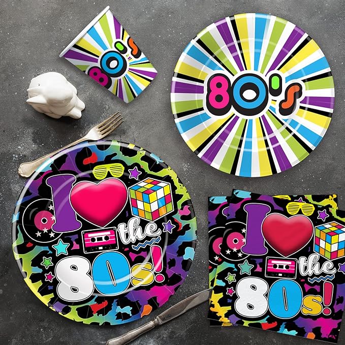 80's Party Decorations Tableware - 80's Theme Party Supplies, 80s Decorations Dinnerware, Paper Plates, Napkins, Tablecloth, Forks, 80s Birthday Party Decorations and Supplies | Serve 24