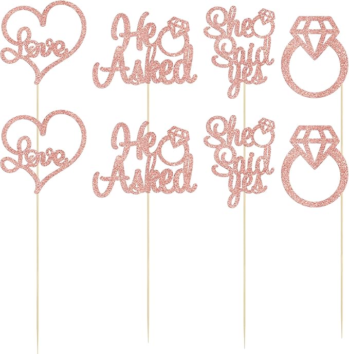 Gyufise 12Pcs Engagement Centerpiece Sticks Double Sided He Asked She Said Yes Diamond Ring Heart Table Centerpiece Sticks for Wedding Bridal Shower Party Supplies Rose Gold