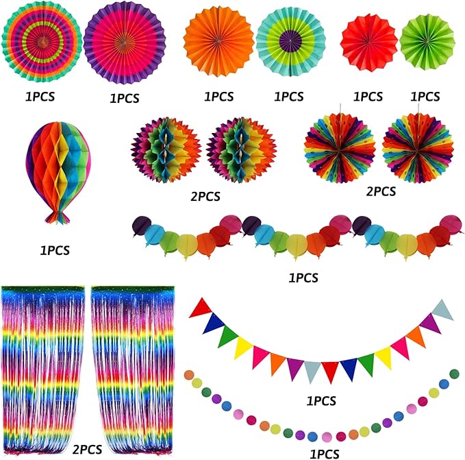 Party Decorations, Colourful Rainbow Foil Fringe Curtain Fiesta Hanging Paper Fans Pompoms Honeycomb Paper Hot air Balloon Garlands for Mexican Cinco De Mayo Taco Birthday Party Supplies