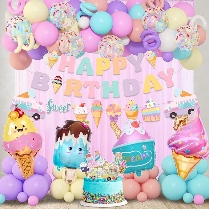 75Pcs Ice Cream Birthday Party Decorations for Girls Kids, Pastel Ice Cream Balloon Garland Arch Kit First Two Sweet Birthday Banner Foil Sprinkle Long Twist Balloons Cupcake Toppers Party Supplies