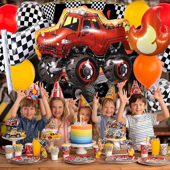 Truck Number 4 Balloons, Huge Truck Flags Lightning Flame Stars Aluminum Foil Balloons for 4th Birthday, Race Car Theme Party Decorations Supplies