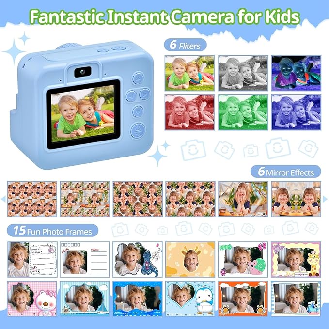 Kids Camera Instant Print, Christmas Birthday Gifts for Kids Age 3-12, Selfie Digital Camera with 1080P Videos,Toddler Portable Travel Camera Toy for 4 5 6 7 8 9 Year Old Boys (Blue)