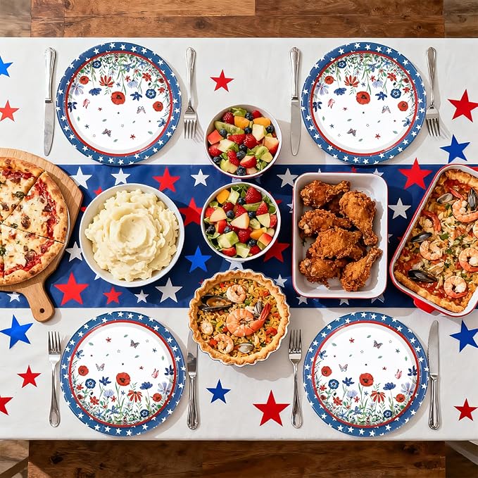50Pcs Patriotic Paper Plates 10'' Large Heavy Duty Patriotic Veterans Day Platters Red White Blue Star Plates American Flag Theme Decor for USA 4th of July Memorial Day Birthday Party Decorations