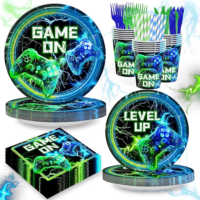 168PCS Video Game Birthday Party Decorations Blue Video Game Level Birthday Plates and Napkins Tableware Sets for Gamer Gaming Party Favors Serves 24