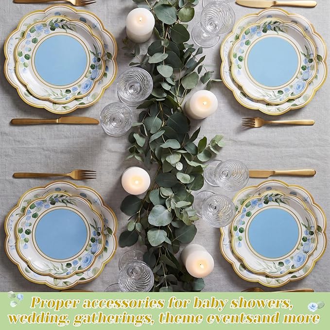 60 Pcs Eucalyptus Paper Plates 9 in and 7 in Blue Dessert Party Plates with Gold Rim Disposable Floral Shape Tableware for Wedding Birthday Party Baby Shower Bridal Shower