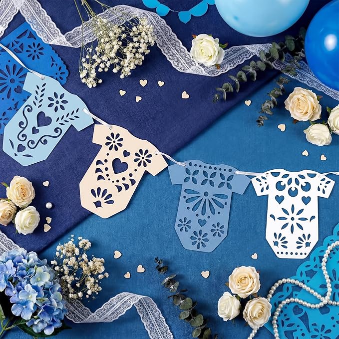 4 Set Cielito Lindo Baby Shower Garland 48 Pcs Blue Papel Picado Party Decorations Mexican Lace Baby Bodysuit Banner Card with Hanging String for Gender Neutral Party Supplies