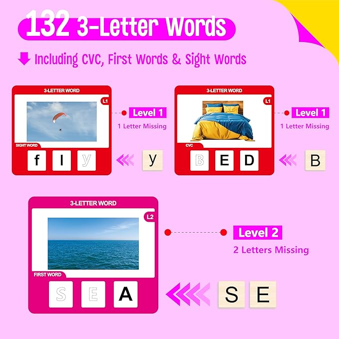 Word Spelling Game, 312 Wooden Letters Tiles & 300 Common Words for - CVC, CVCC, CCVC, Sight Word & First Word Learning, Montessori Early Educational Tool for Kids 4-9, Autistic Toys for Grades 1-3